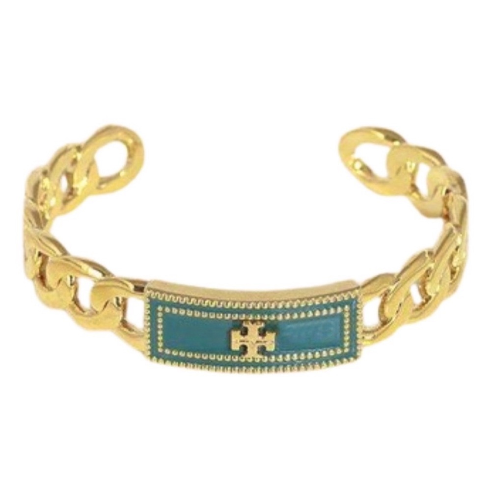 TORY BURCH • Green Milgrain Gold Link Cuff Bracelet $179